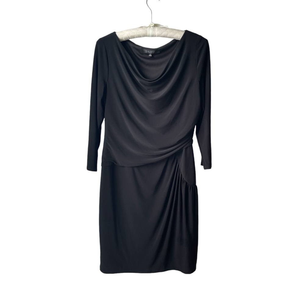 Nine West 3/4 Sleeve Cowl Neck Ruched Hip Short Stretch Little Black Dress Sz 14